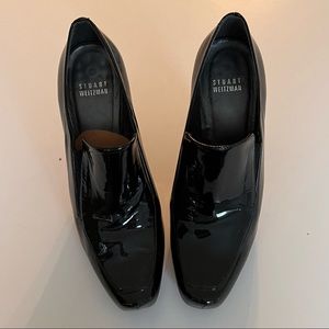 STUART WEITZMAN PATENT LEATHER LOAFER STYLE PLATFORM SCULPTED BLOCK HEEL 7 1/2M